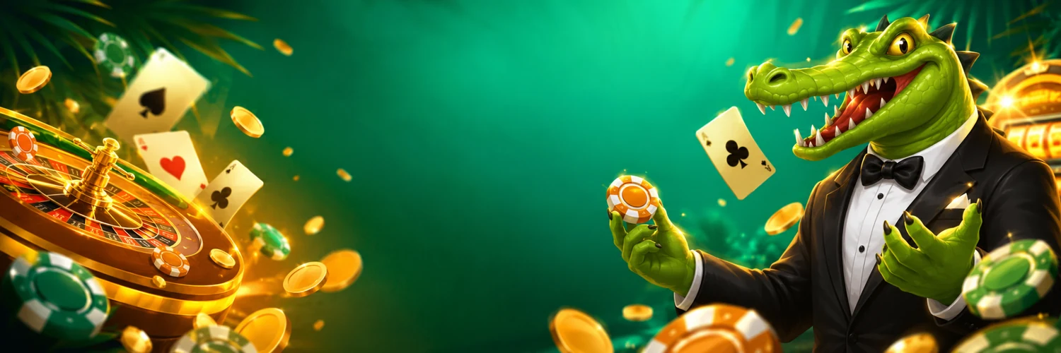 Croco Casino España con cocodrilo, ruleta y fichas sobre fondo verde